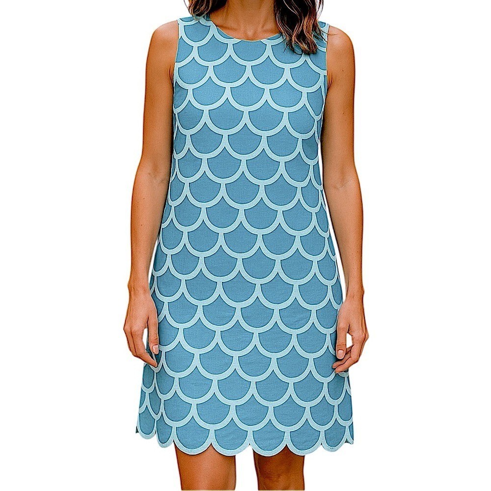 Island Company Fiji Dress Blue White Scallop Print Size Small 100% Linen Summer