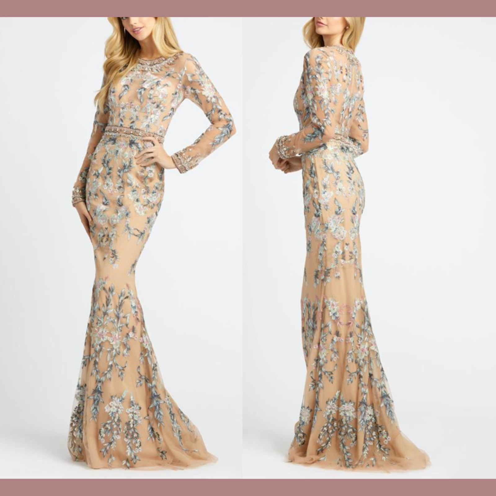 NWT $798 Mac Duggal [ 14 ] Floral Embroidered Long Sleeve Trumpet Gown Nude Q624