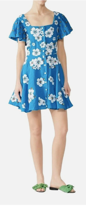 All Things Mochi Kay Dress in Blue Embriodered Floral Linen Size Medium
