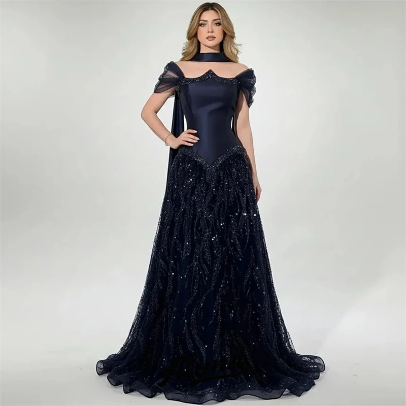 Navy Blue Sequins Floor-Length Evening Dress Off The Shoulder Luxury Prom Gowns
