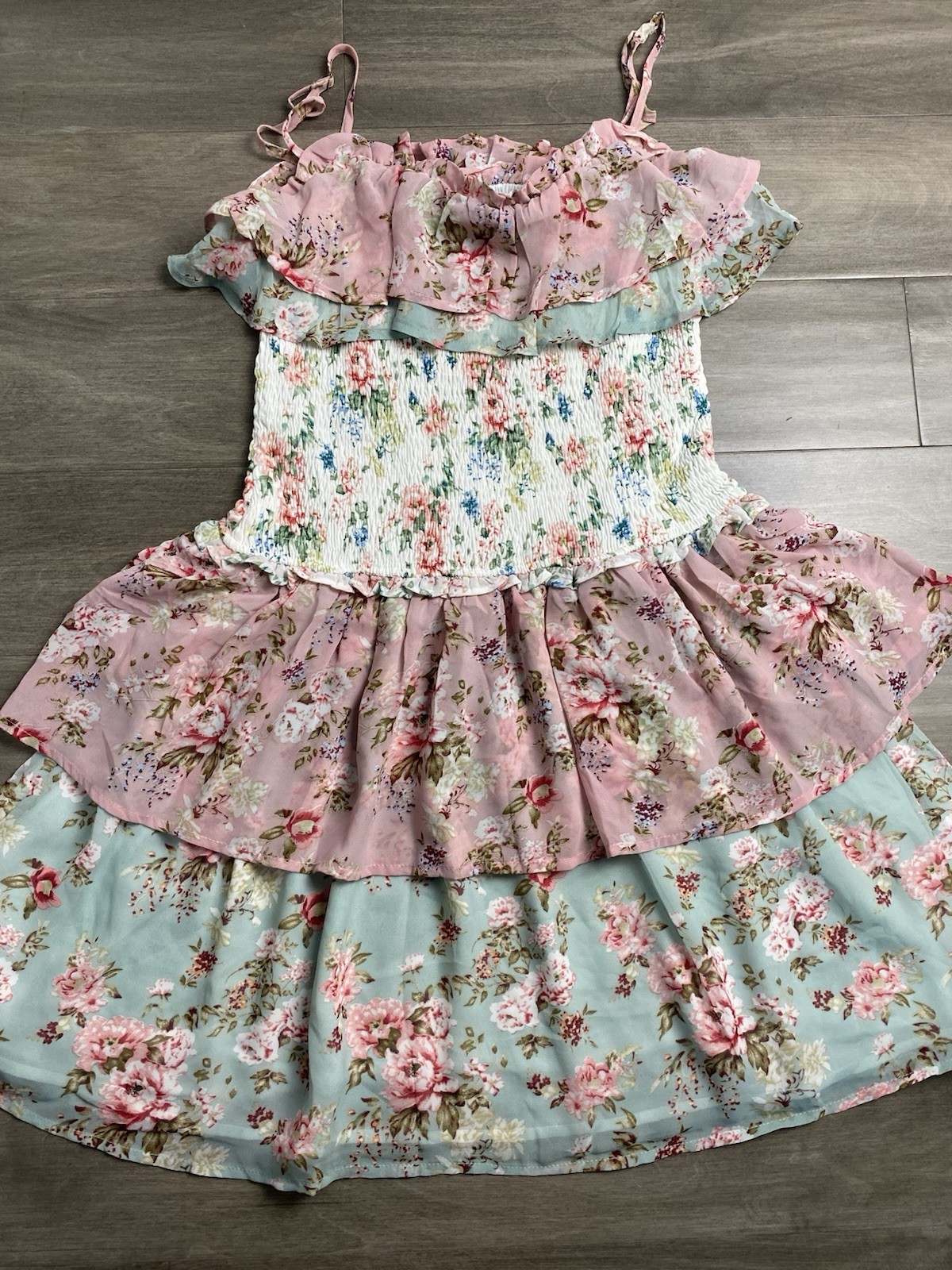 STORIA Tulle Smocked Mini Dress M Ruffle Tiered Cottagecore Coquette Balletcore