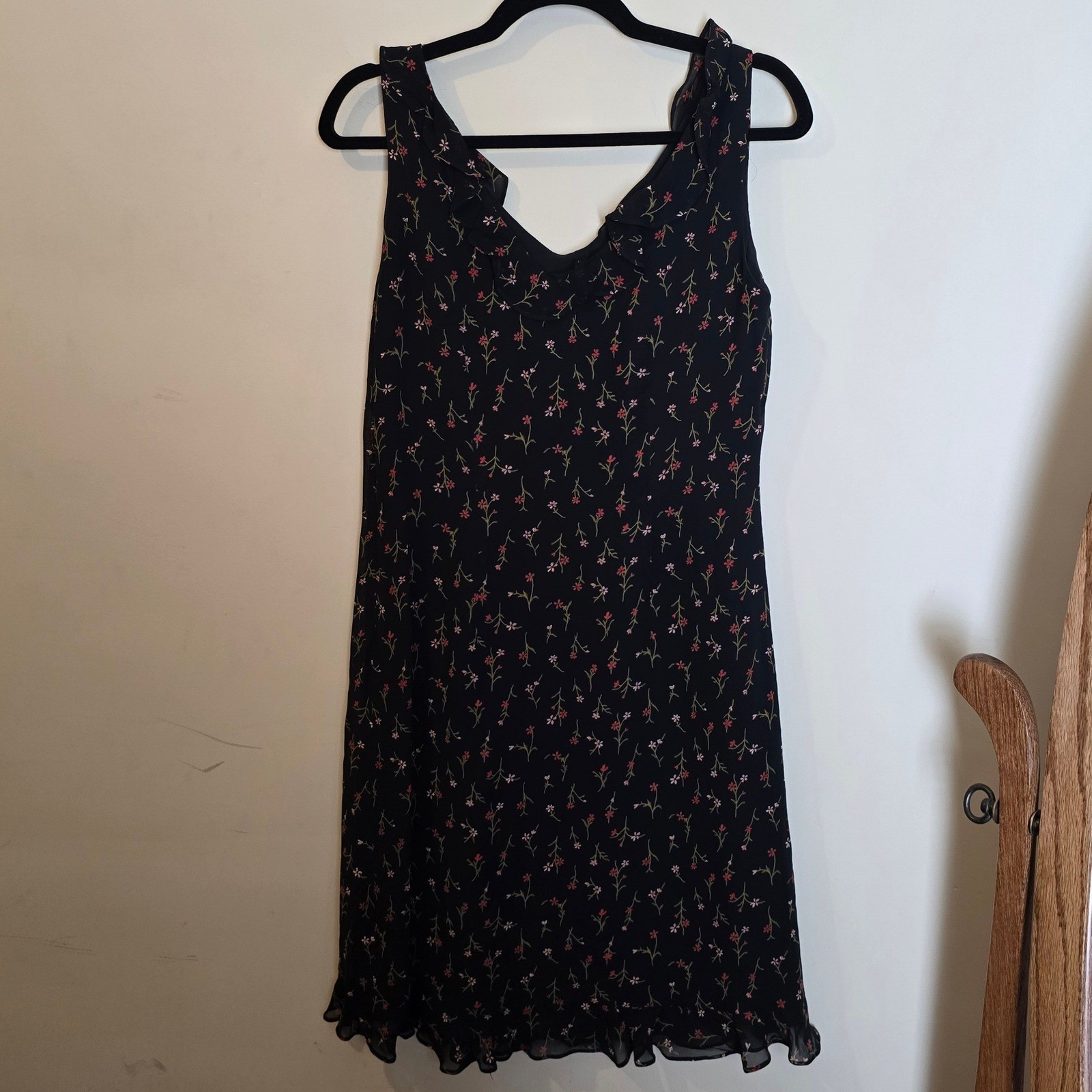 David Warren New York Black Floral Ruffle Midi Dress Sleeveless Rayon Size 6