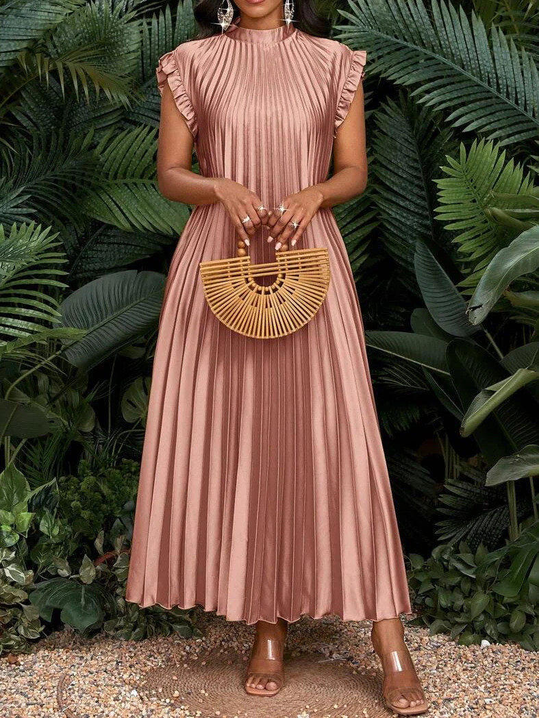 Elengant Dusty Pink Satin Pleated Dress,Summer Tropical Vacation Holiday Flutte