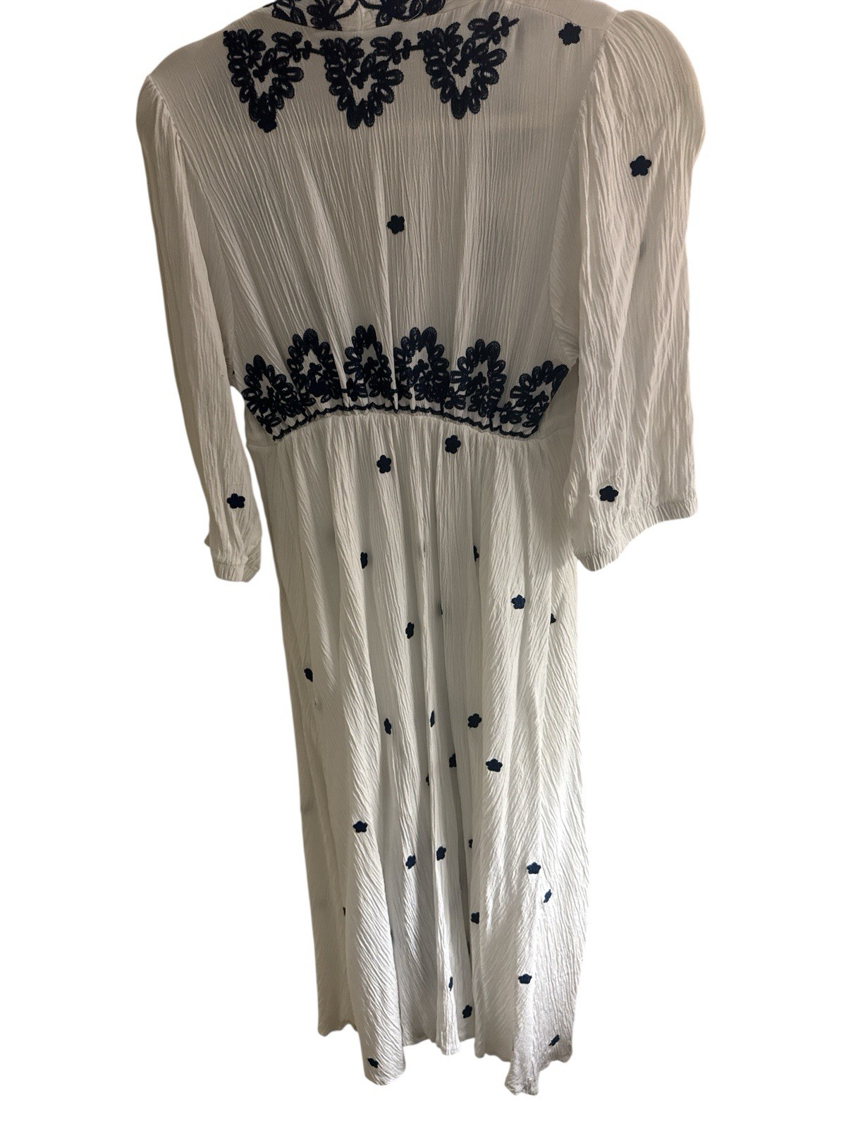 CEM Turkish Women’s White Gauze Midi Dress Navy Embroidery Sz Small (Runs Small)