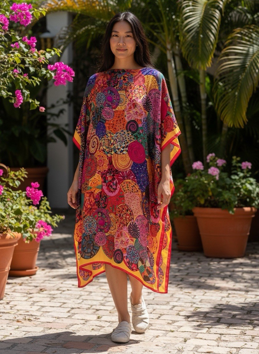 Geometric Print Kaftan Dress Womens One Size Viscose Silk Satin Knee Length