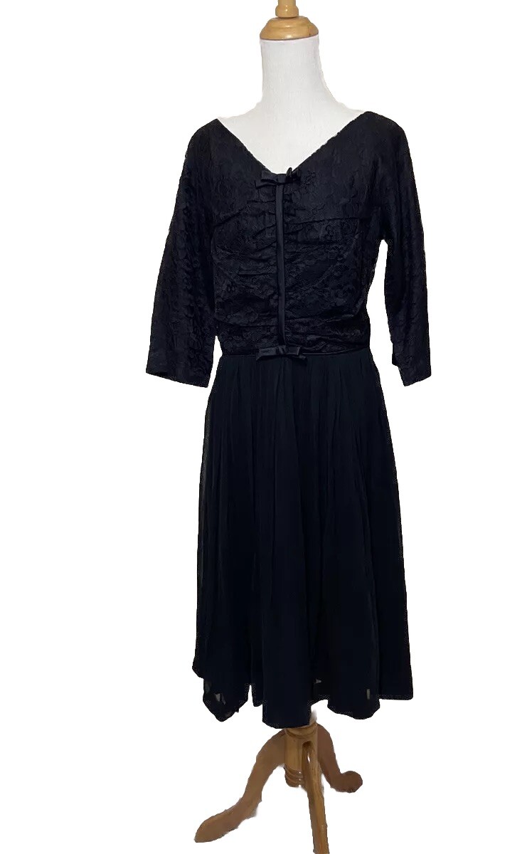 Vtg Marcia Frocks NY Sheath Dress 50s 60s Black Lace Chiffon Ribbon Goth Sz 16