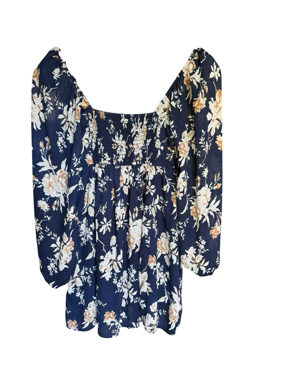 Abercrombie & Fitch XSP Navy Floral Mini Dress Puff Sleeve Smocked Back Square