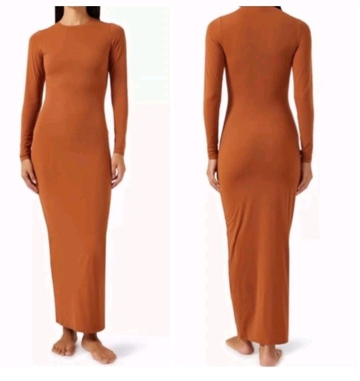 Skims Fits Everybody Long Sleeve Maxi Dress Rust Copper XXS Bodycon