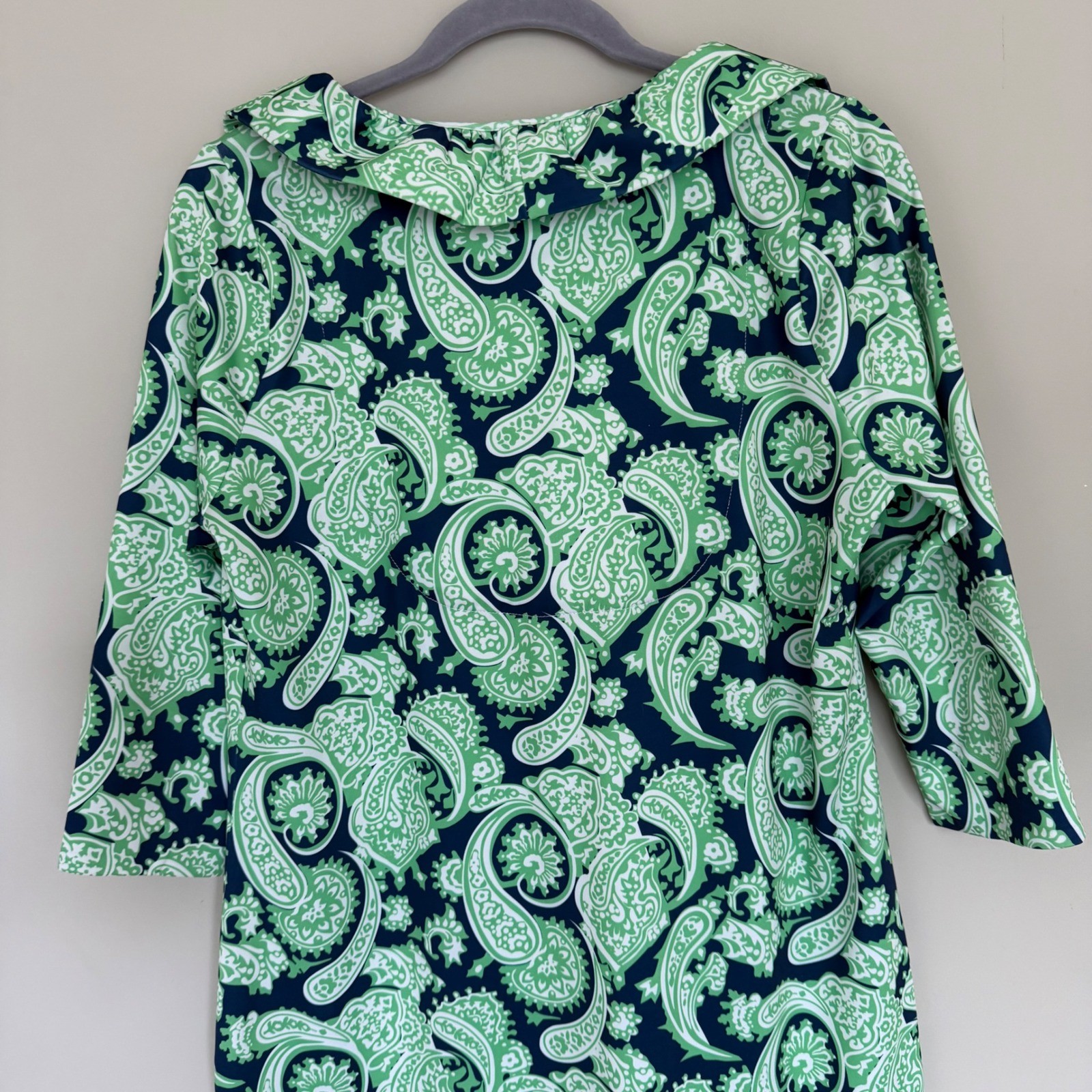 Gretchen Scott Plentiful Paisley Ruffneck Popover Shift Dress L Green/Navy NWT