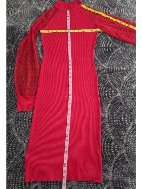 ALMOST FAMOUS Red Ribbed Knit Turtleneck Sheer Sleeve Bodycon Dress Size S