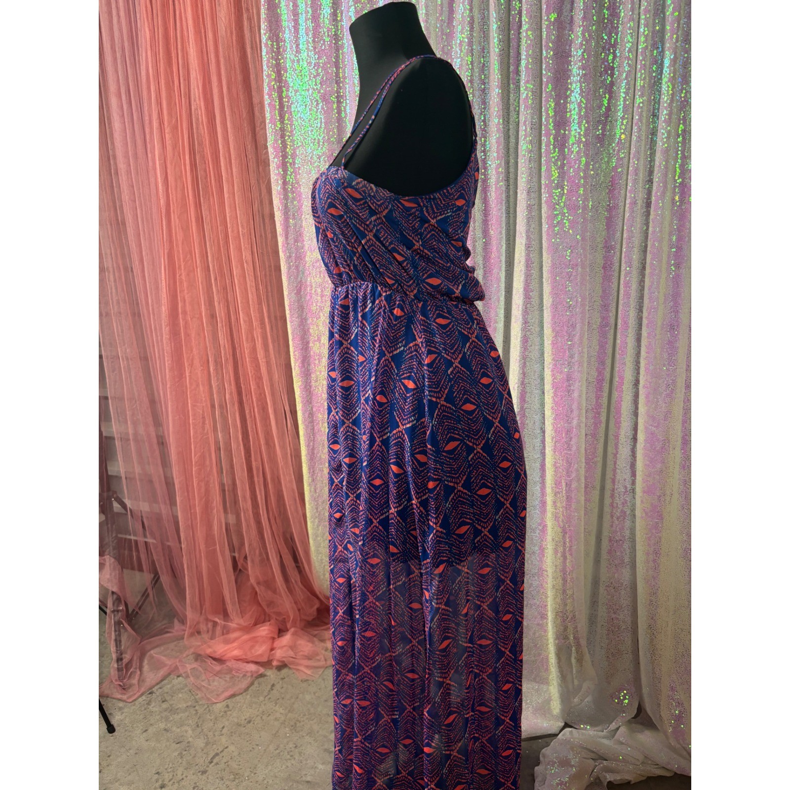 Dee Elle Blue Coral Tribal Geometric Cutout Maxi Dress Womens Size Small Boho