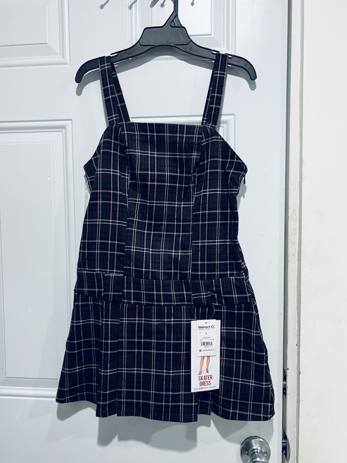 Celebrity Pink Plaid Skater Overall Dress S Sleeveless Black Pink White