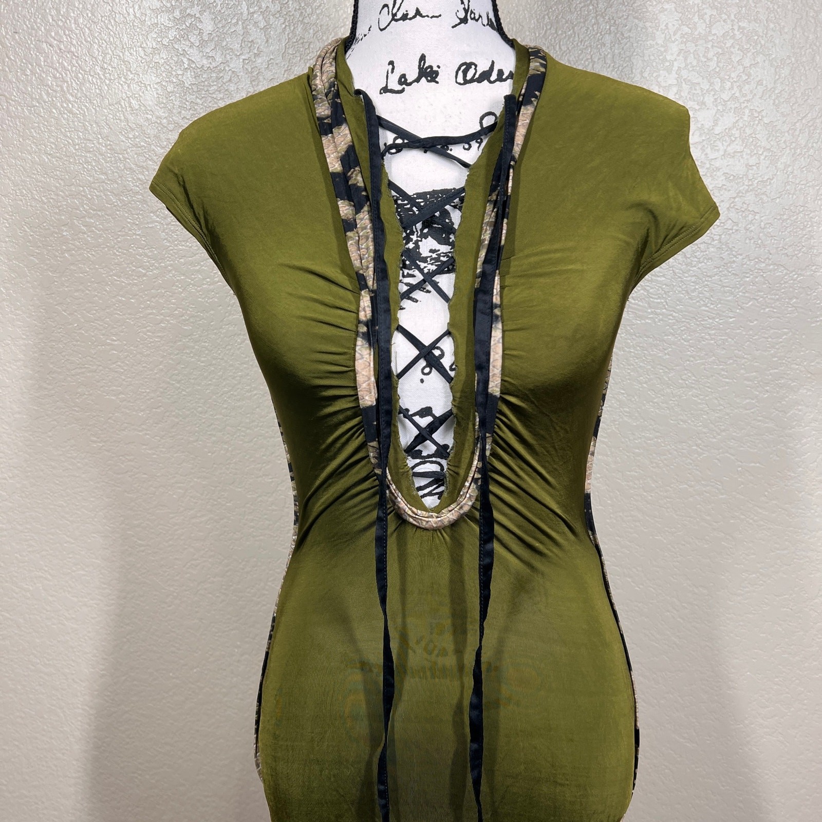 Just Cavalli by Roberto Cavalli olive dress deep lace-up plunging neckline 38