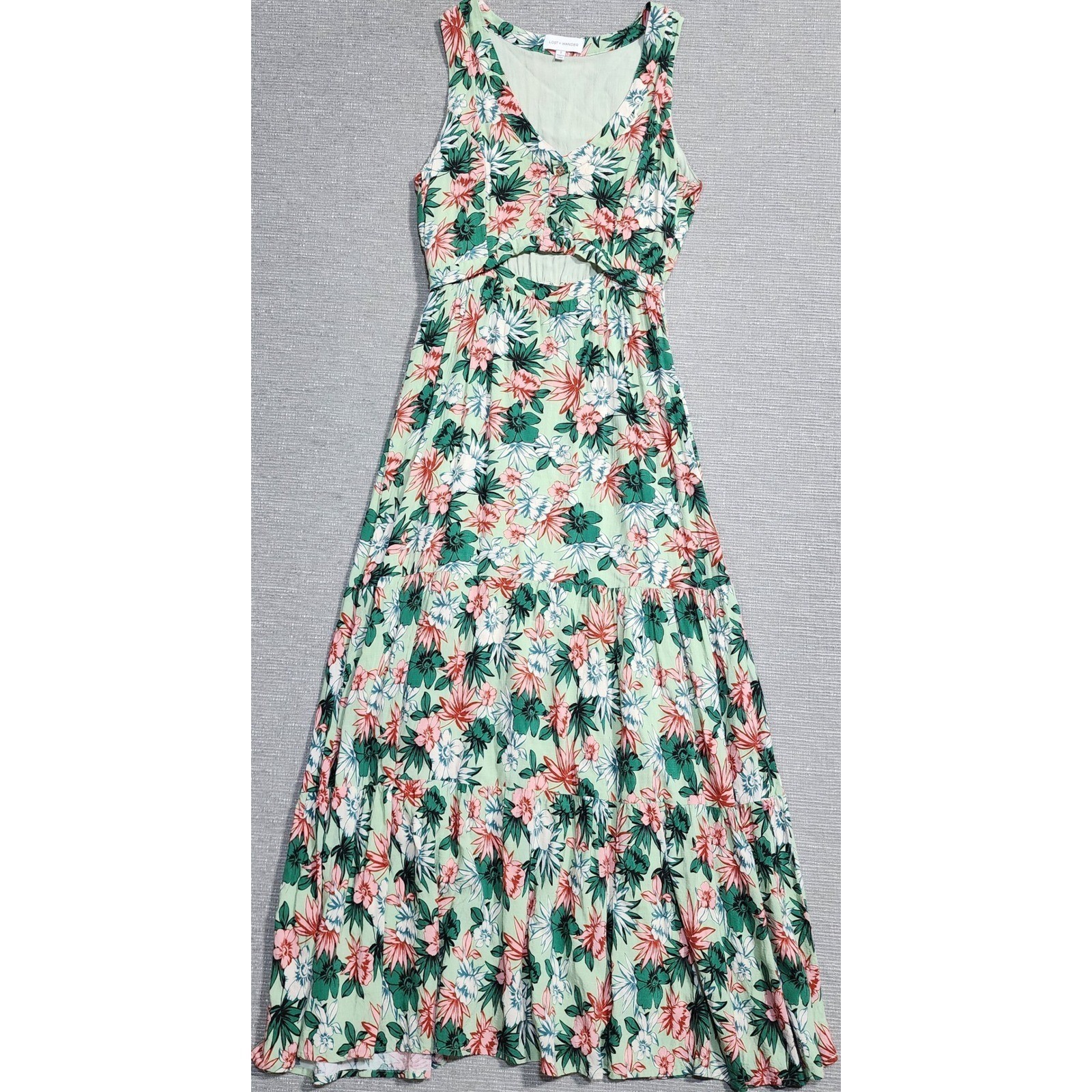 Lost + Wander Green Floral Cutout Maxi Dress Sleeveless Tiered Rayon Size S