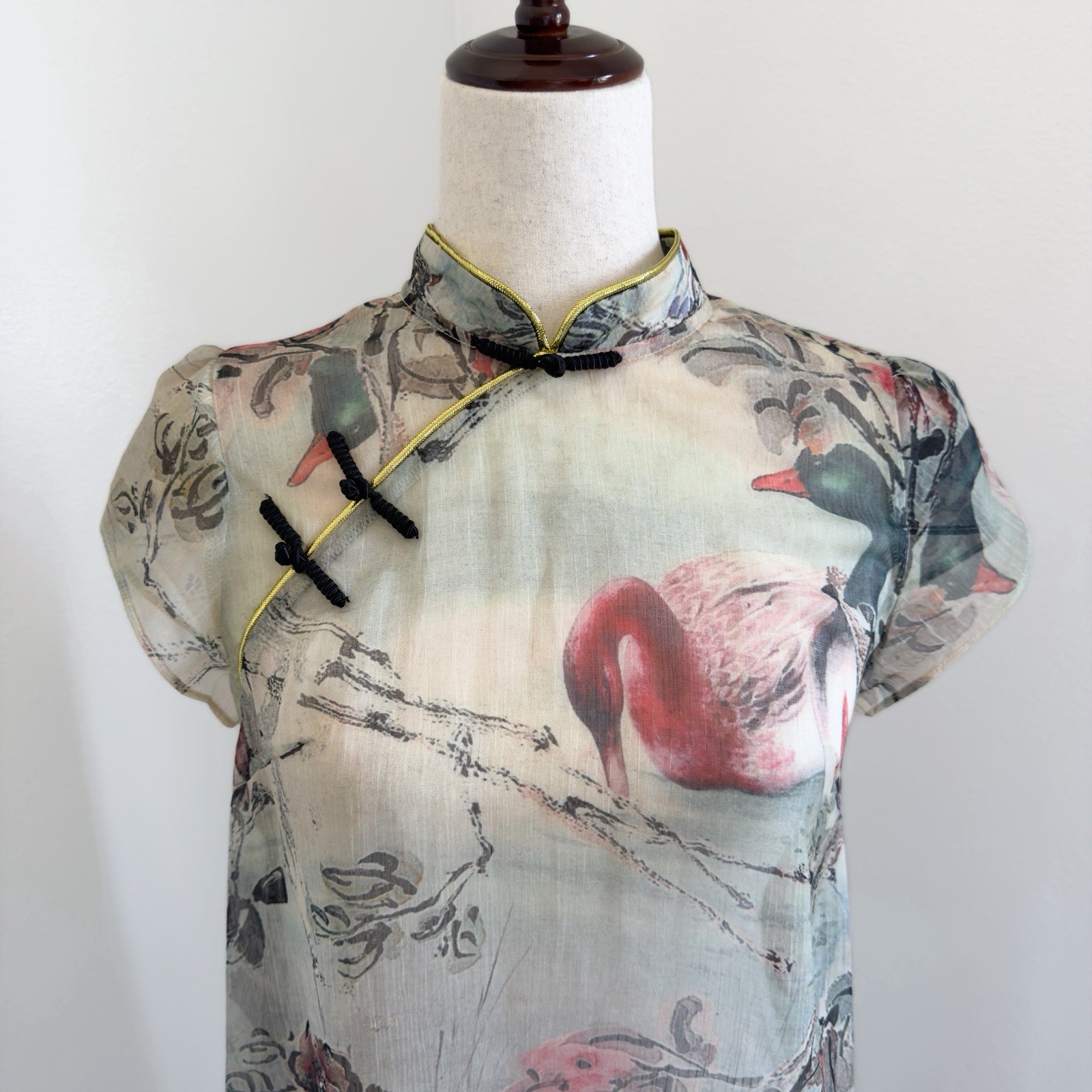 Delicate Cheongsam Dress Womens Small* Bird Mandarin Collar Whimsical Dainty