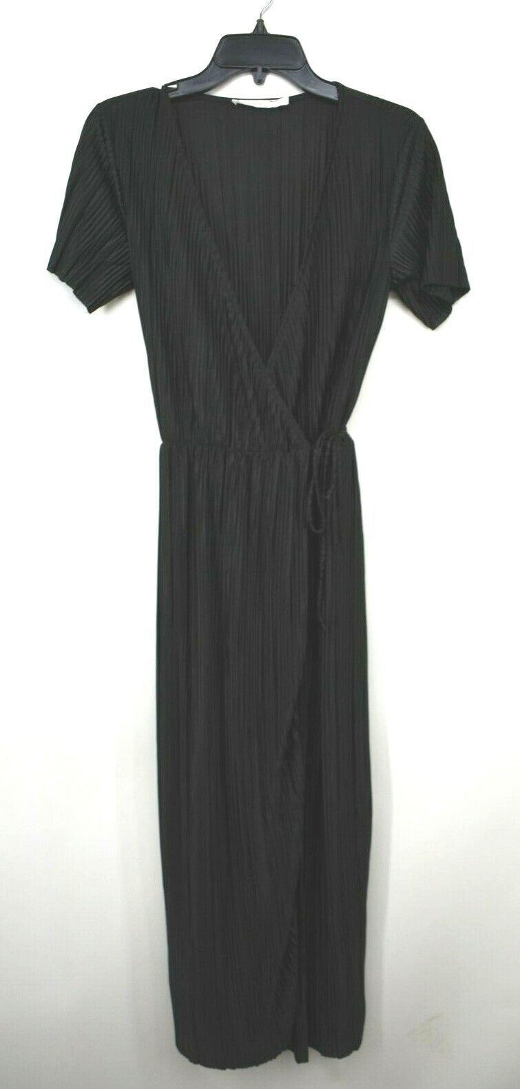 Lush Womens Plisse Tie Waist MIDI Dress Surplice Neck Short Sleeve Snap Black S