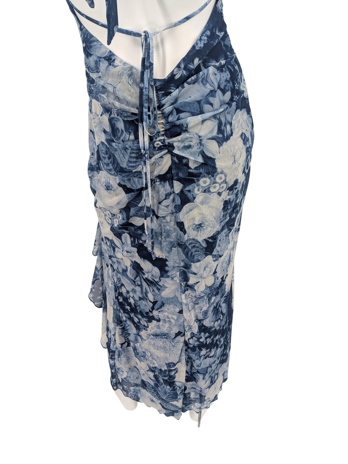 Floral Mesh Halter Midi Dress Open Back Ruched Side Slit Ruffle Cocktail Medium