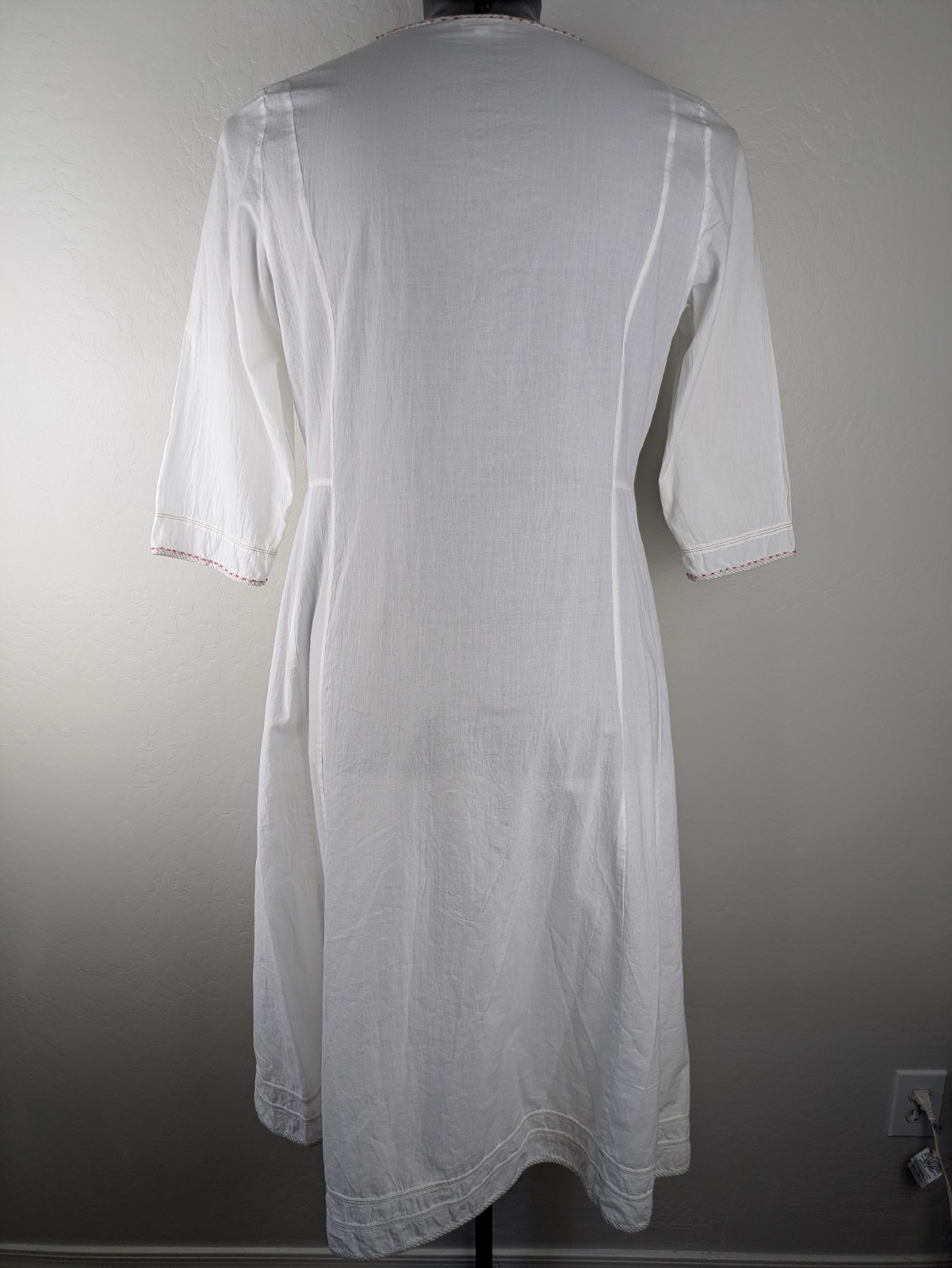 Anokhi size XL white organic cotton kaftan dress pink stitching detail