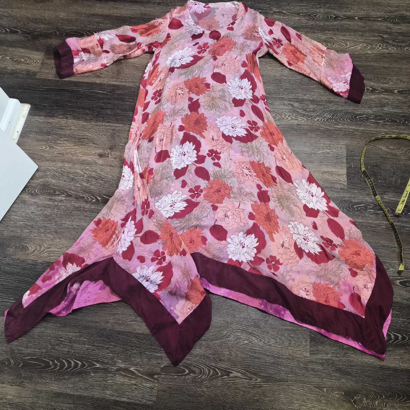 Unbrand Sheer Jacquard Floral V neck Kaftan Asymetric Dress One Sz Resort Beach
