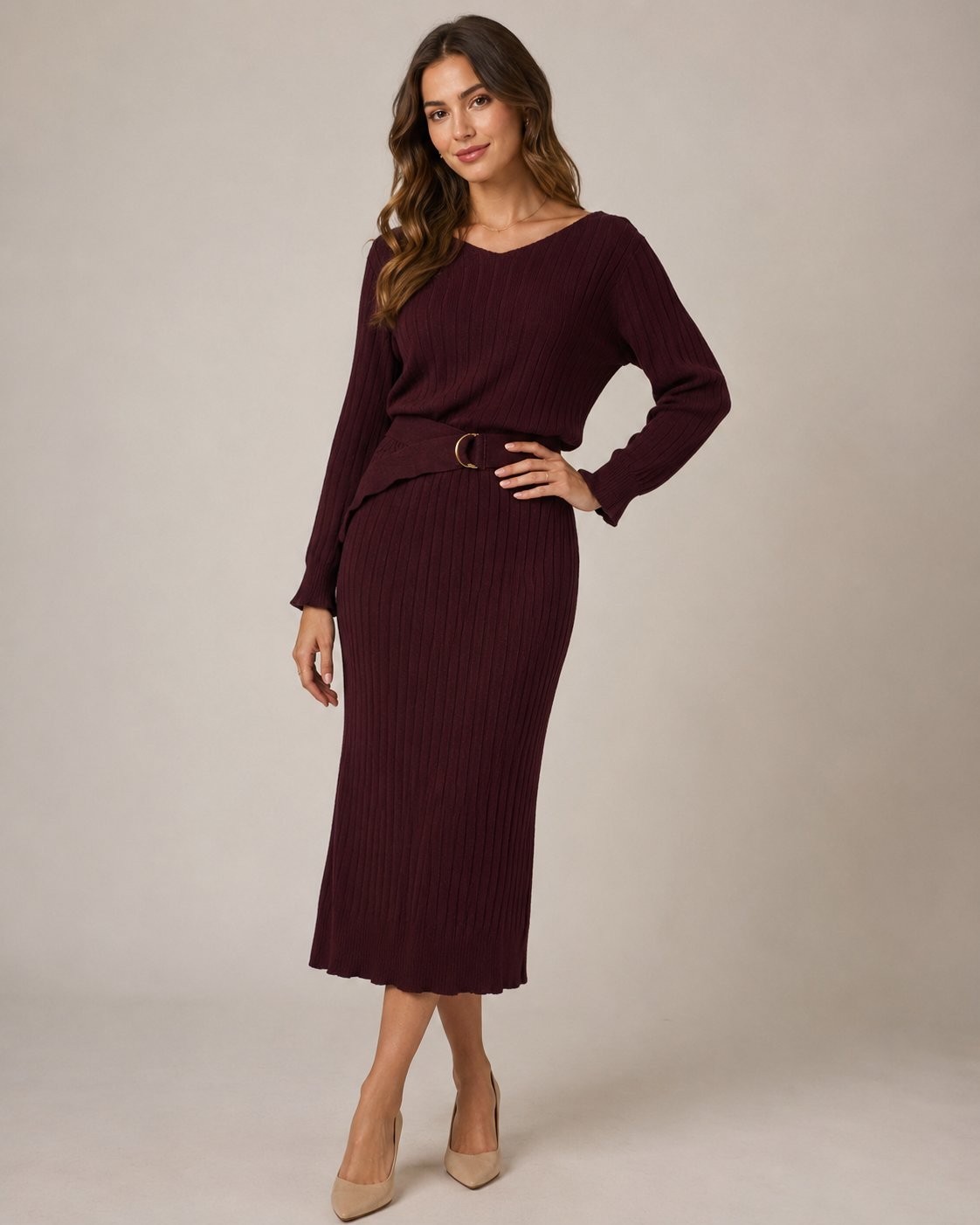 Free’s Mart Burgundy Ribbed Knit Midi Dress Set with Belt | One Size