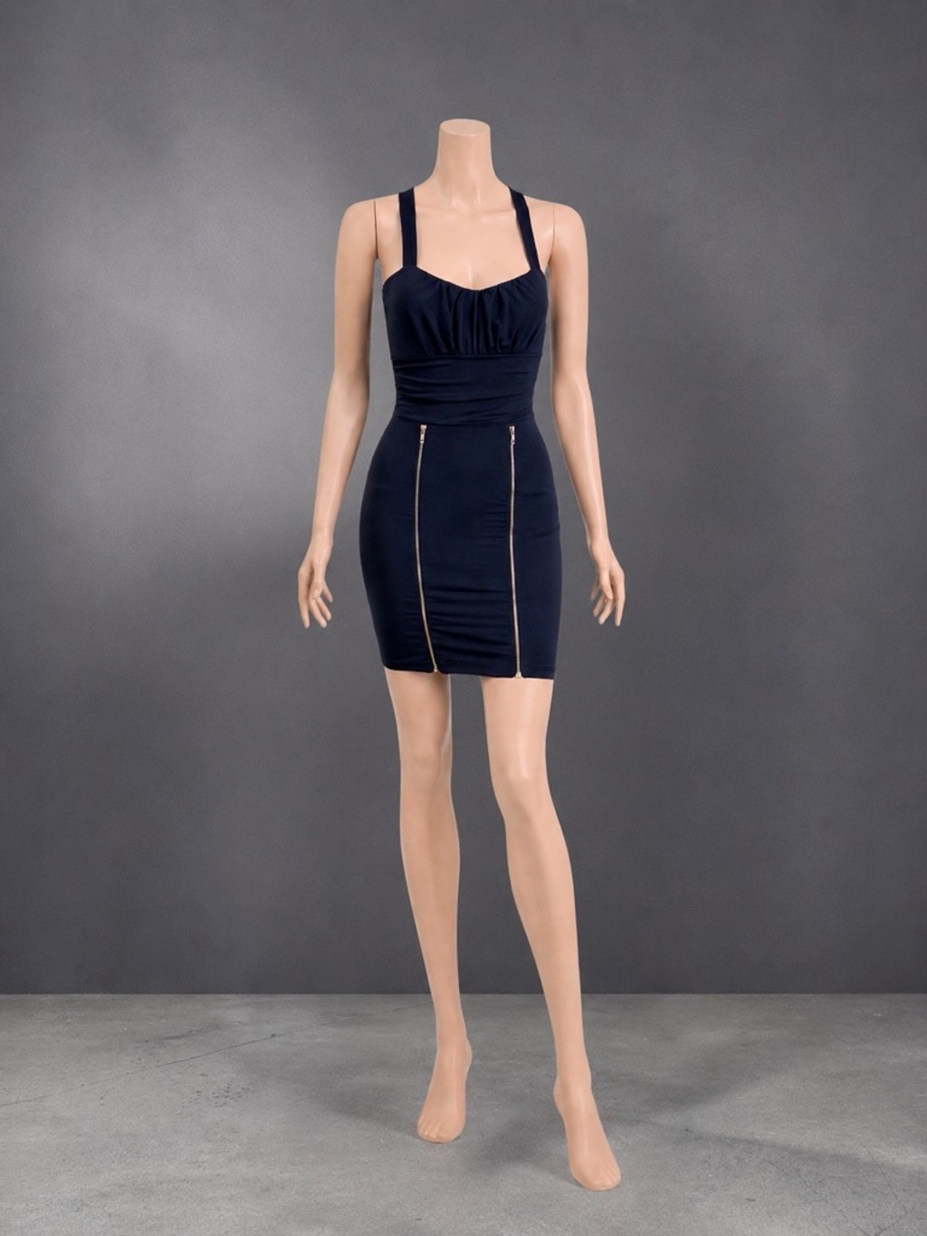 Black Ruched Bodycon Mini Dress with Criss-Cross Back & Double Zipper Detail