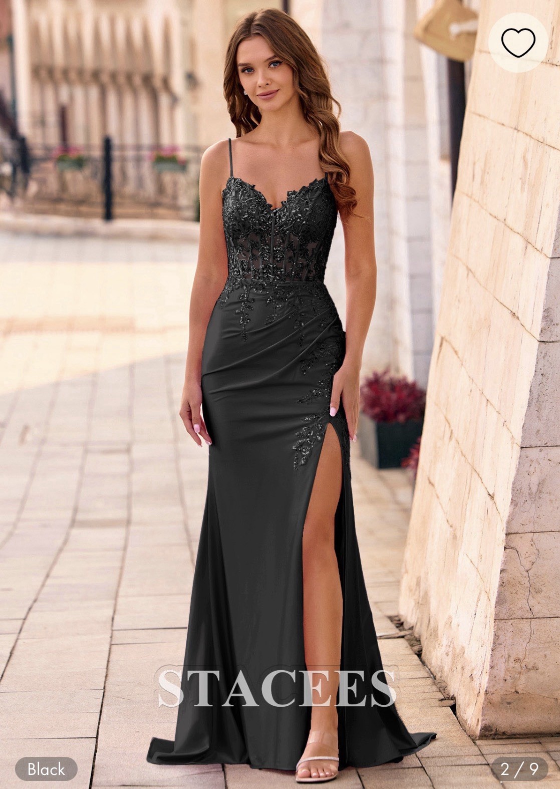Stacees Slim V-Neck Beaded Sheer Boned Corset Ruched Prom Dress with Slit