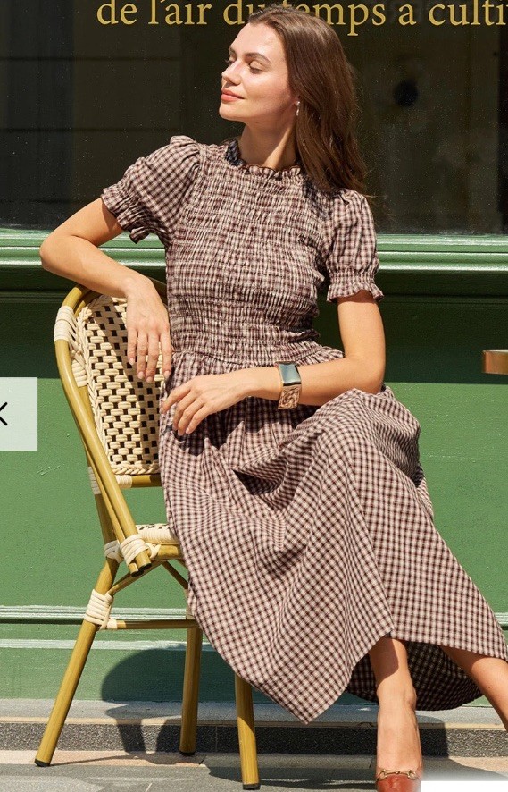 NWOT RIHOAS 100% Cotton Brown White Plaid Smoked Puff Sleeve MIDI dress Sz XS