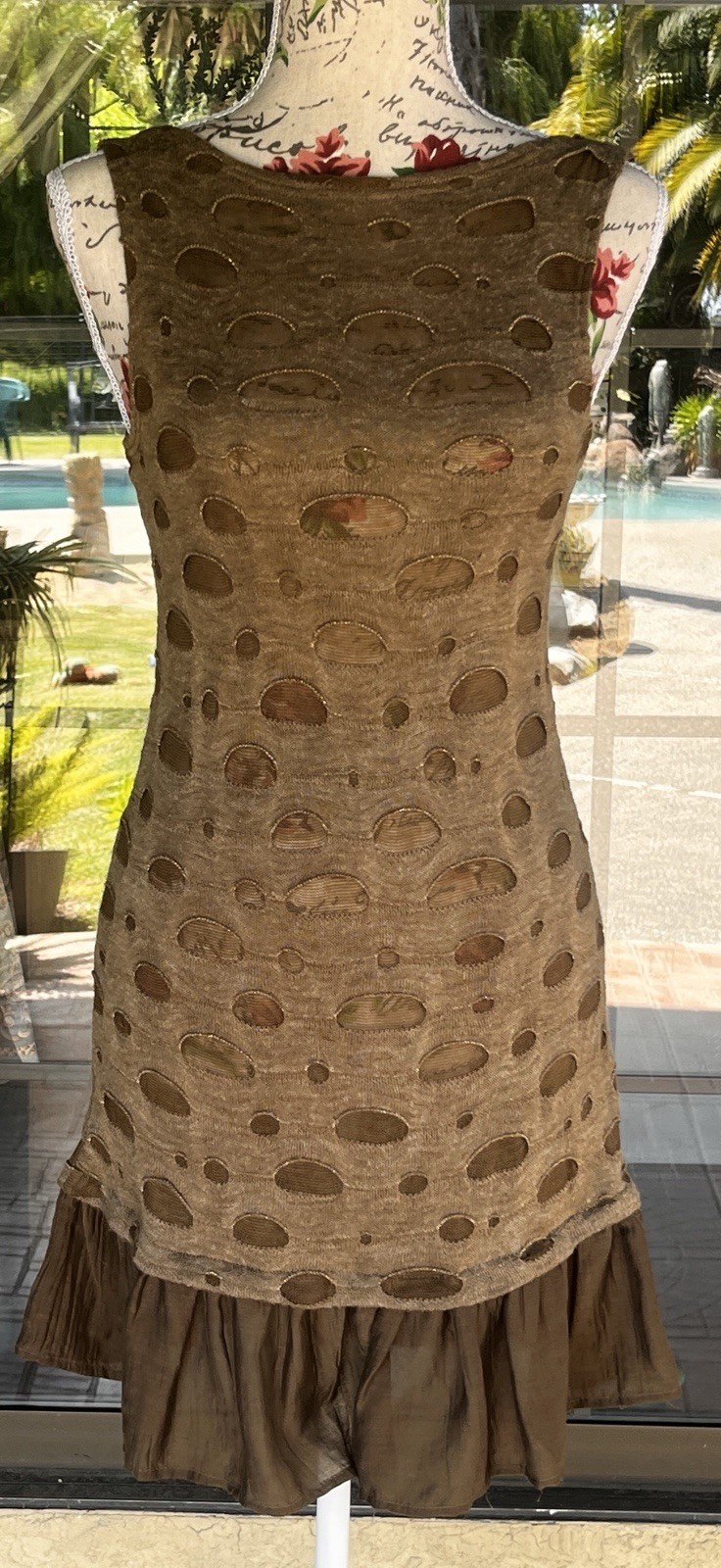 Long Sleeveless Ruffle Trim Brown Dress W/ See Through Distressed Holes Sz S