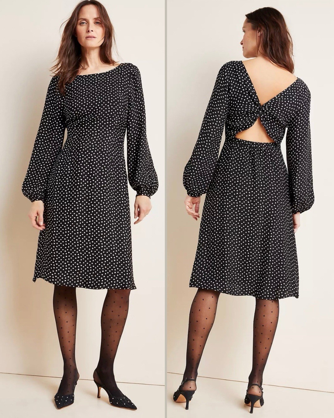 Anthropologie Agatha Black Polka Dot Twist Back Midi Dress Size 8 French Euro