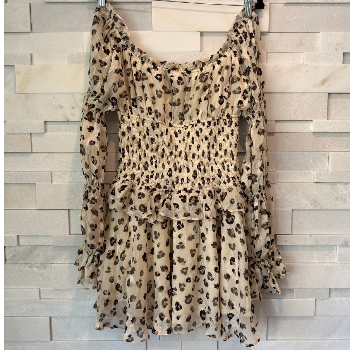 LUXXEL Cheetah Print Blouson Sleeves Tered Smocked Ruffled Mini Dress L Coquette