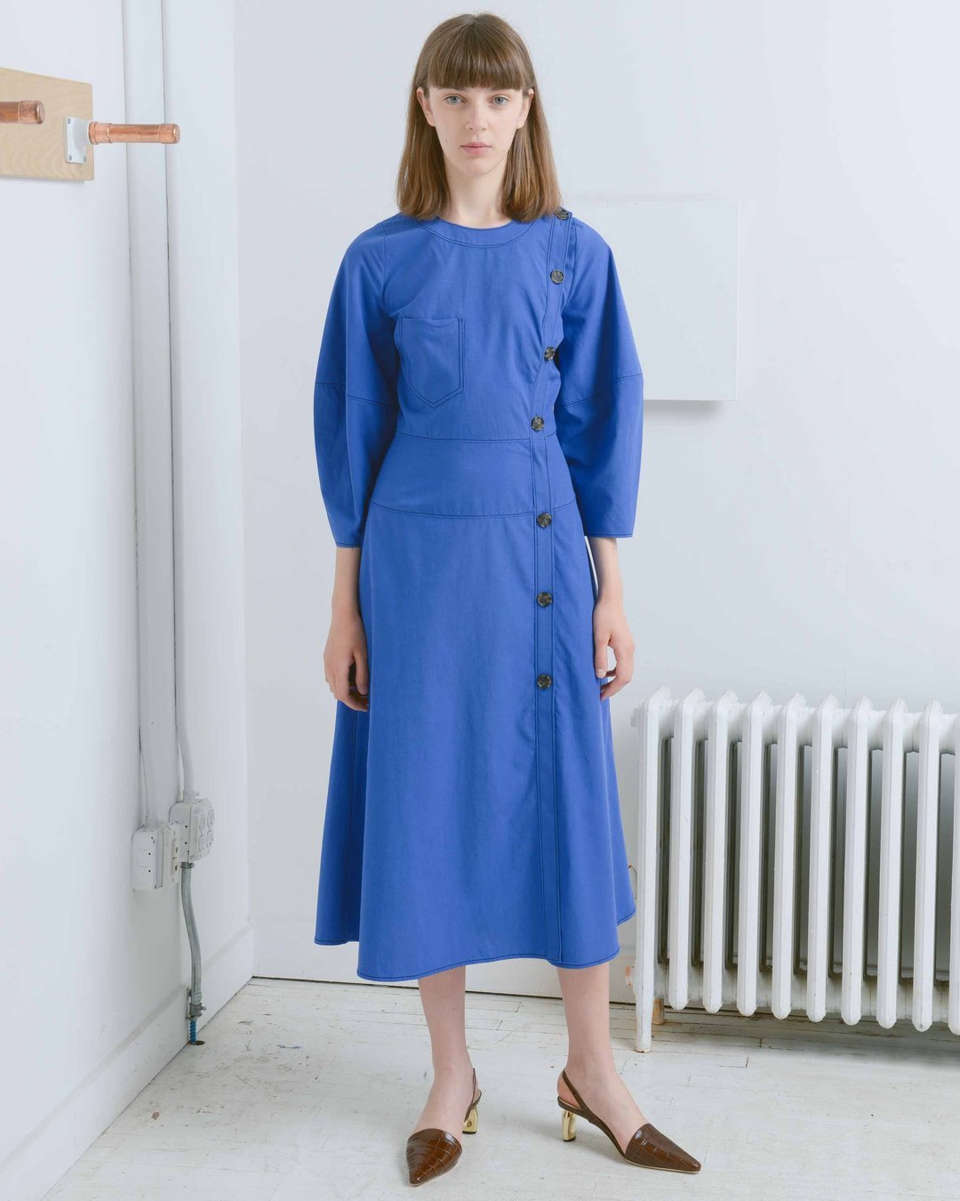 REJINA PYO Linen Michaela Button Front Cotton Puff Sleeve Pocket Dress 12 8 US M