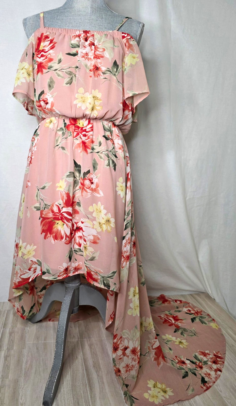 As U Wish Womens Pink Floral Off Shoulder Hi-Low Chiffon Lined Dress M