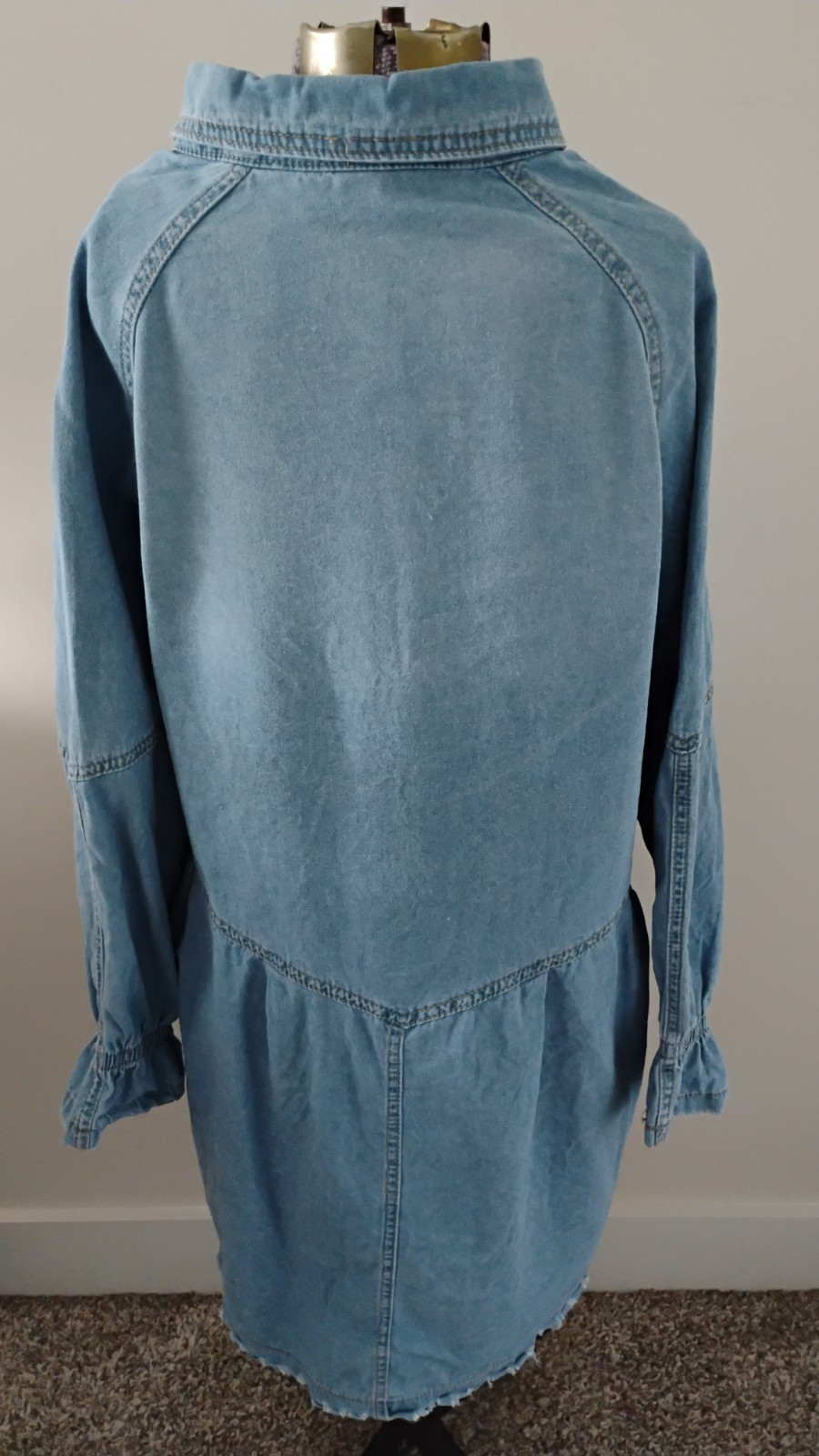 Denim Mini Dress Button Up Raglan Sleeve Distressed Hem Size L EUC
