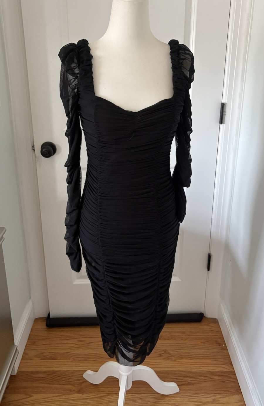 Fashion Nova Black Ruched Sheer Mesh Ruffle Strappy Bodycon Midi Dress M