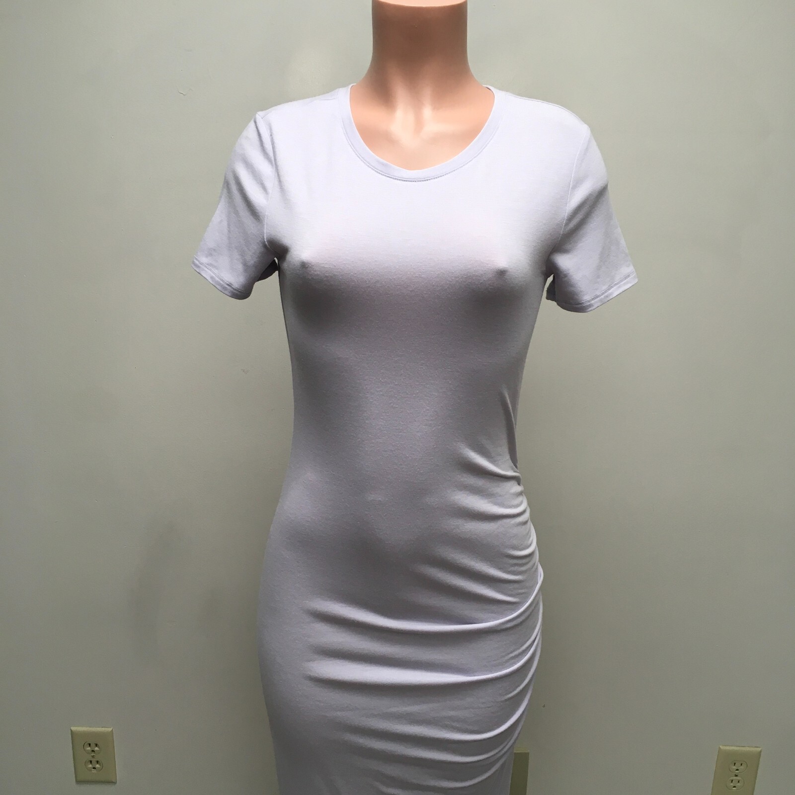 Treasure Bond Womens White Short Sleeve Ruched Stretch Knit Sheath Shirt Dress S