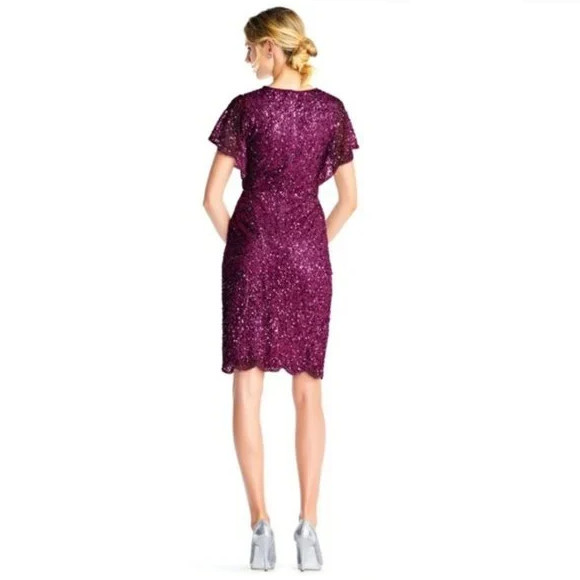 ADRIANNA PAPELL Sequin Beaded Flutter Sleeve Scallop Trim Cocktail Dress, 0P