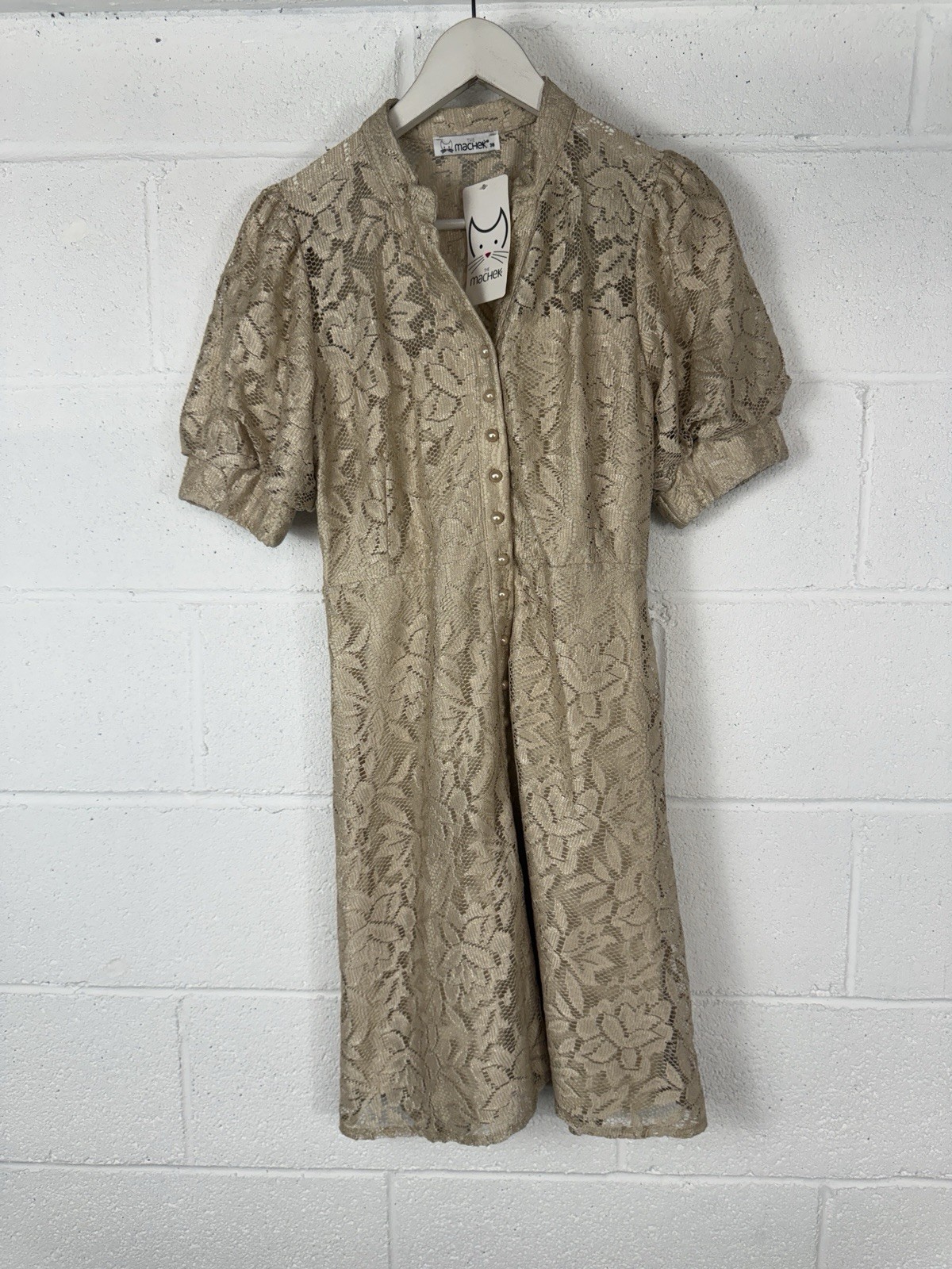 The Machek Dress Medium Floral Lace Button Front Gold Pearl Puff Sleeve N135