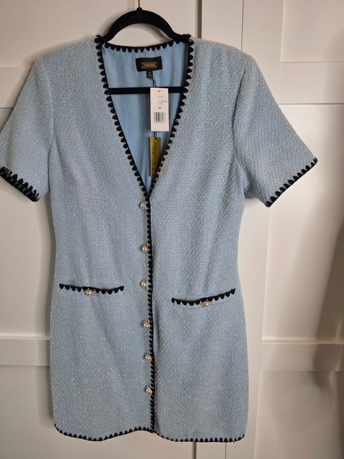 ALEXIA ADMOR Halogen Blue Sparkle Tweed Pearl Mini Dress NWT Size 10