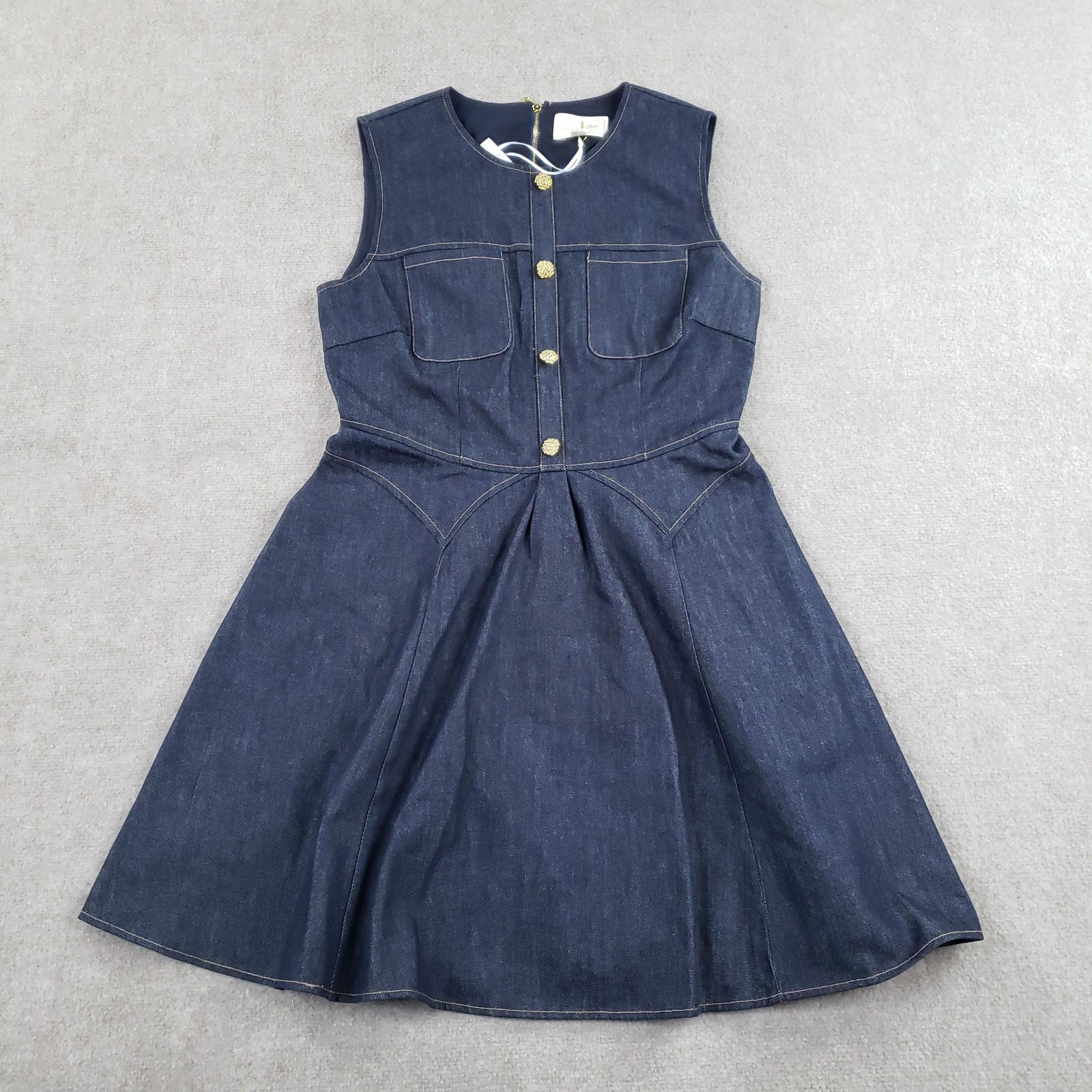 Flora Bea Dress Womens Large Blue Knee Length Fit & Flare Denim Lined Pockets