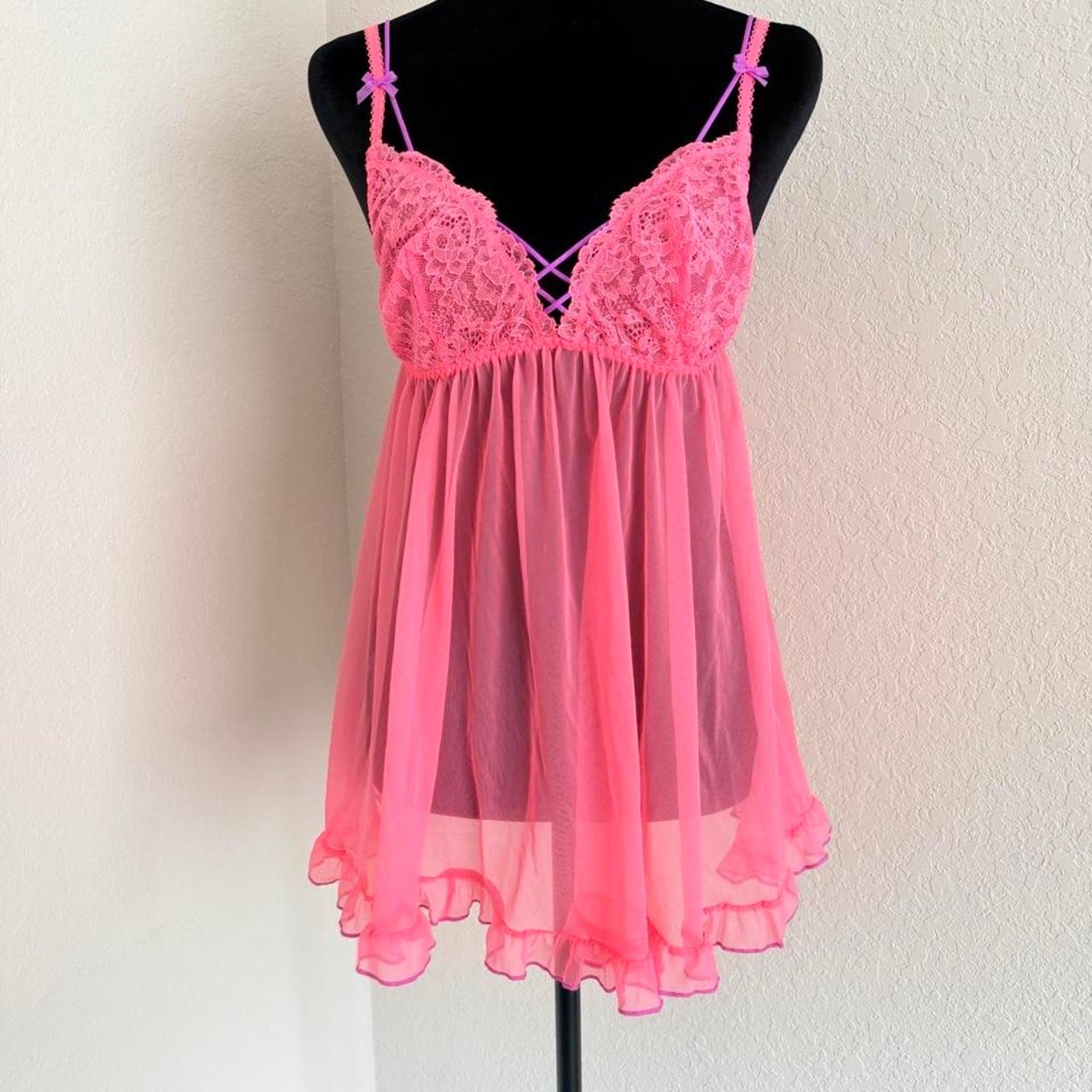 Victoria’s Secret Babydoll Lace Mesh Chemise Hot Pink Purple NWT Size M