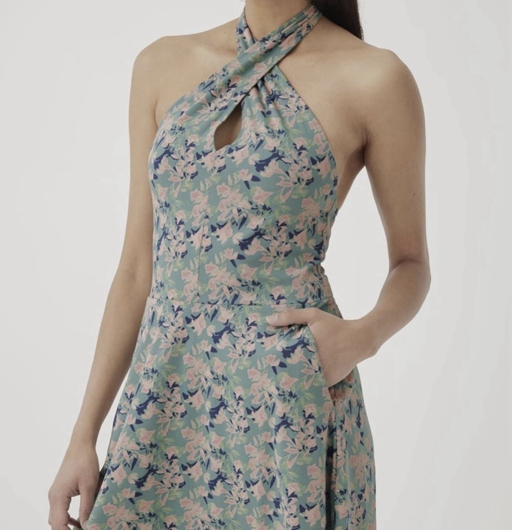 Pact Floral Maxi Dress Sleeveless Halter Backless Tie Pockets Cotton L