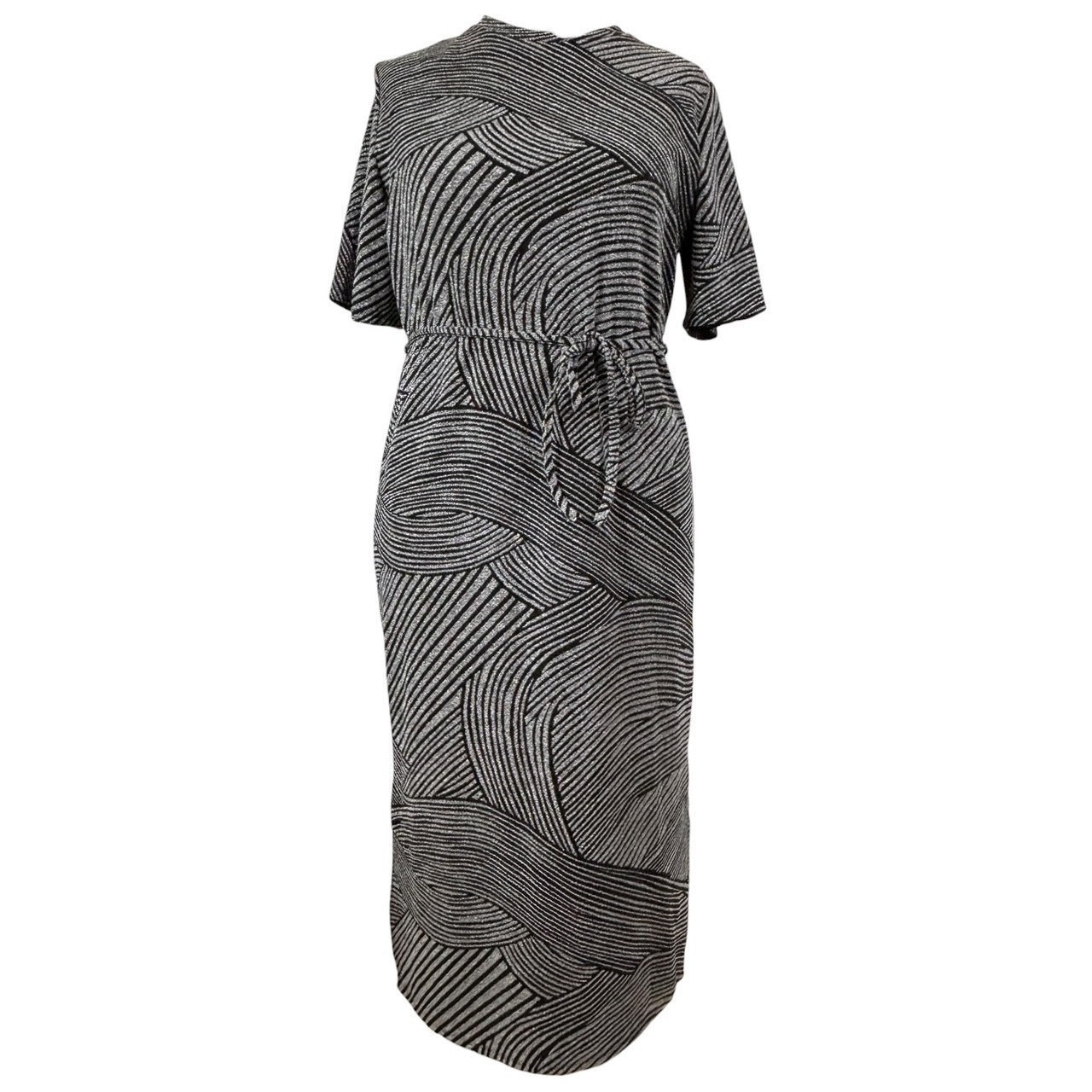 TU Woman Silver Black Metallic Sparkly Midi Dress Tie Waist UK 18 New