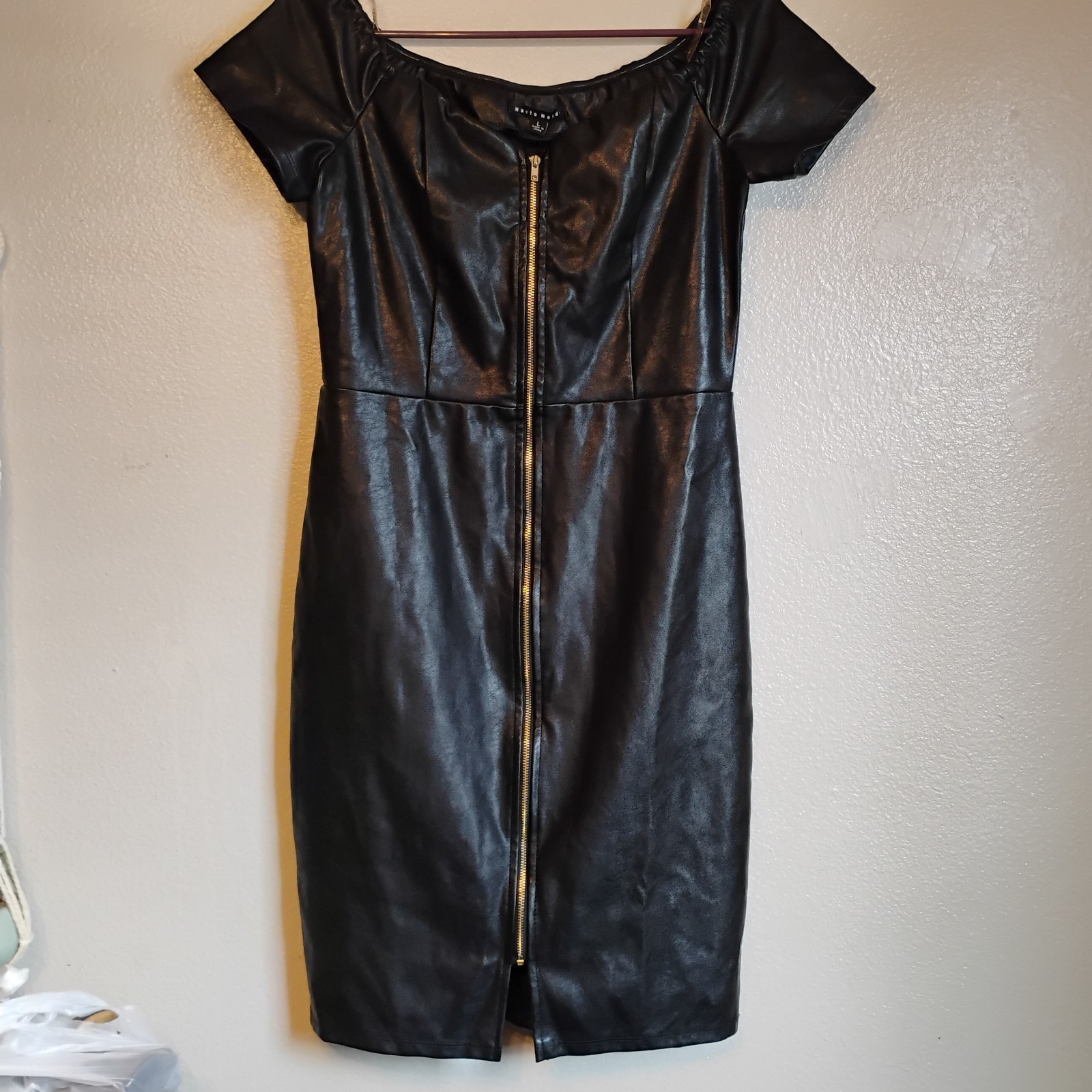Haute Monde Black Faux Leather Zip Front Bodycon Midi Dress Size L NWT