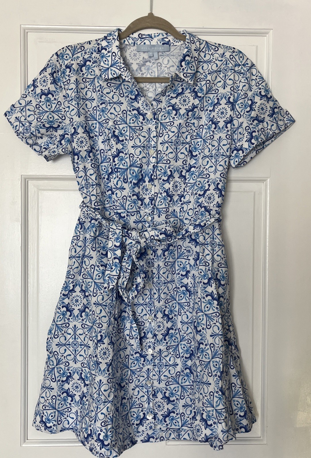Hill House Laura Linen Shirt Dress Small Mosaic Blue Belted Button Tuckernuck