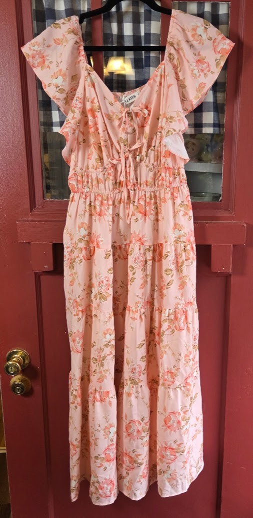 Grace Karin Women Flowy Peach Multicolor Floral Midi Dress Ruffle Straps Size S