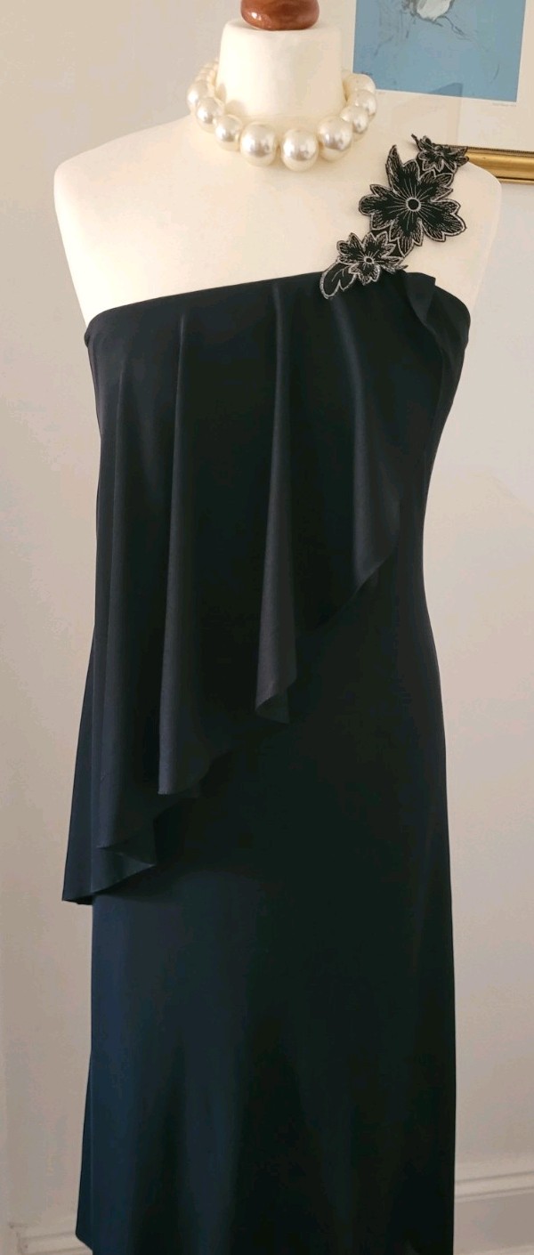 CLAUDIE AMOS Vintage Black One Shoulder Floral Applique Dress UK8 Made In UK