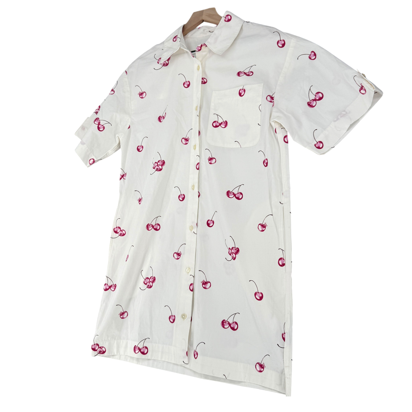 Coach Cherry Button Front Dress XS Cotton White Collared Pockets Preppy CQ848