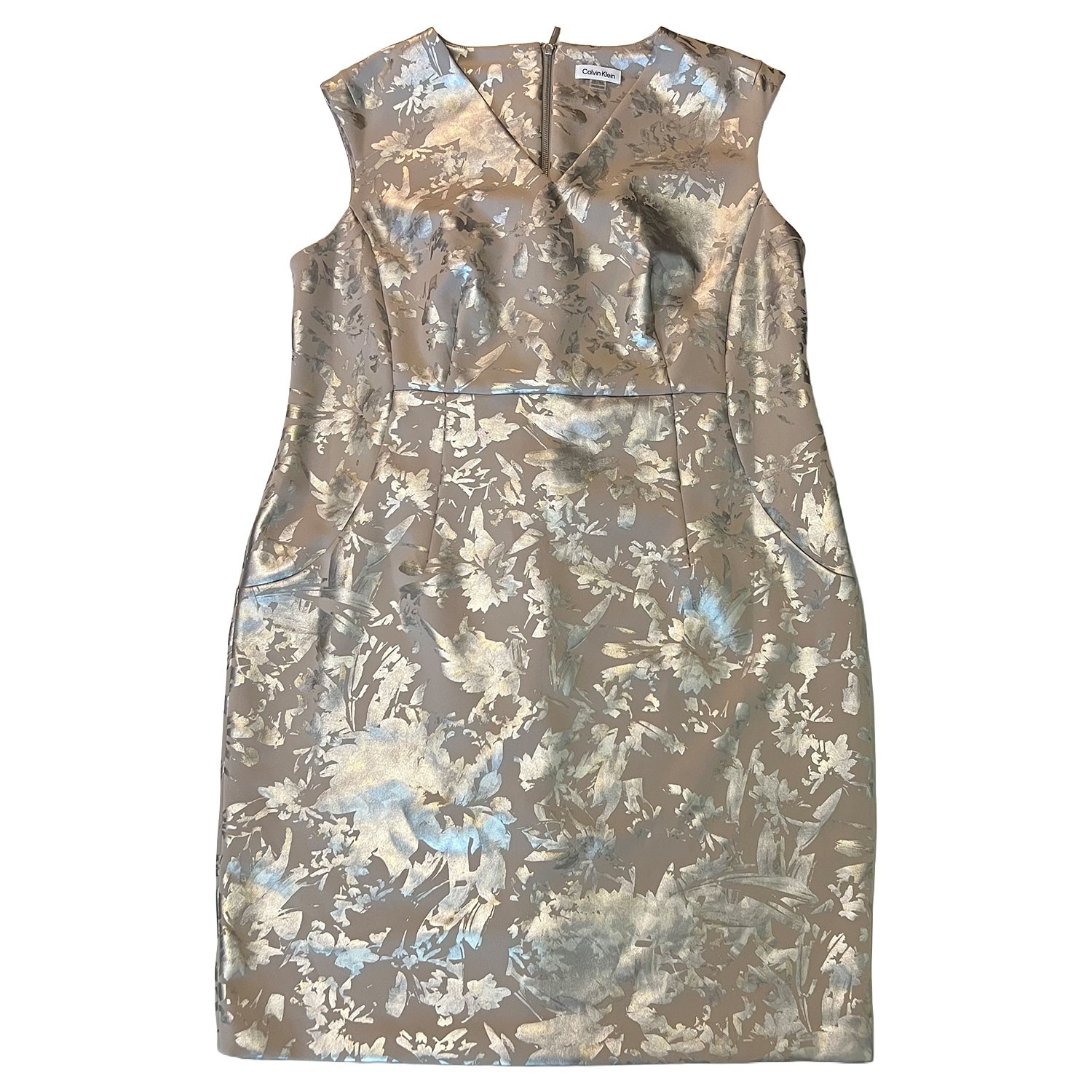 Calvin Klein Foil Floral Jacquard Sheath V-Neck Dress Silver Champagne Size 20W