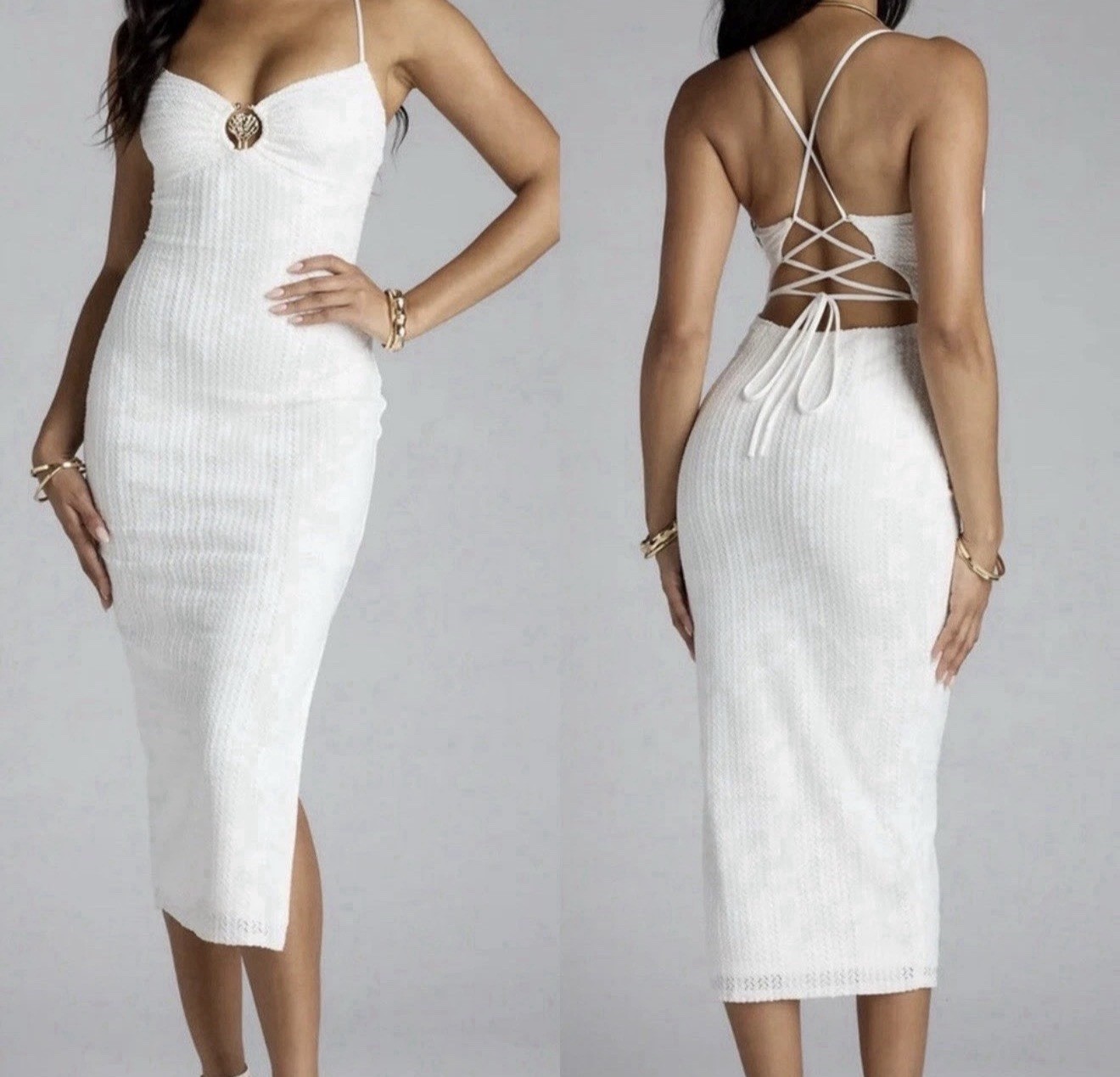 Ivory Lace Up Knit Ribbed Seashell Split Bodycon Midi Dress Size XS