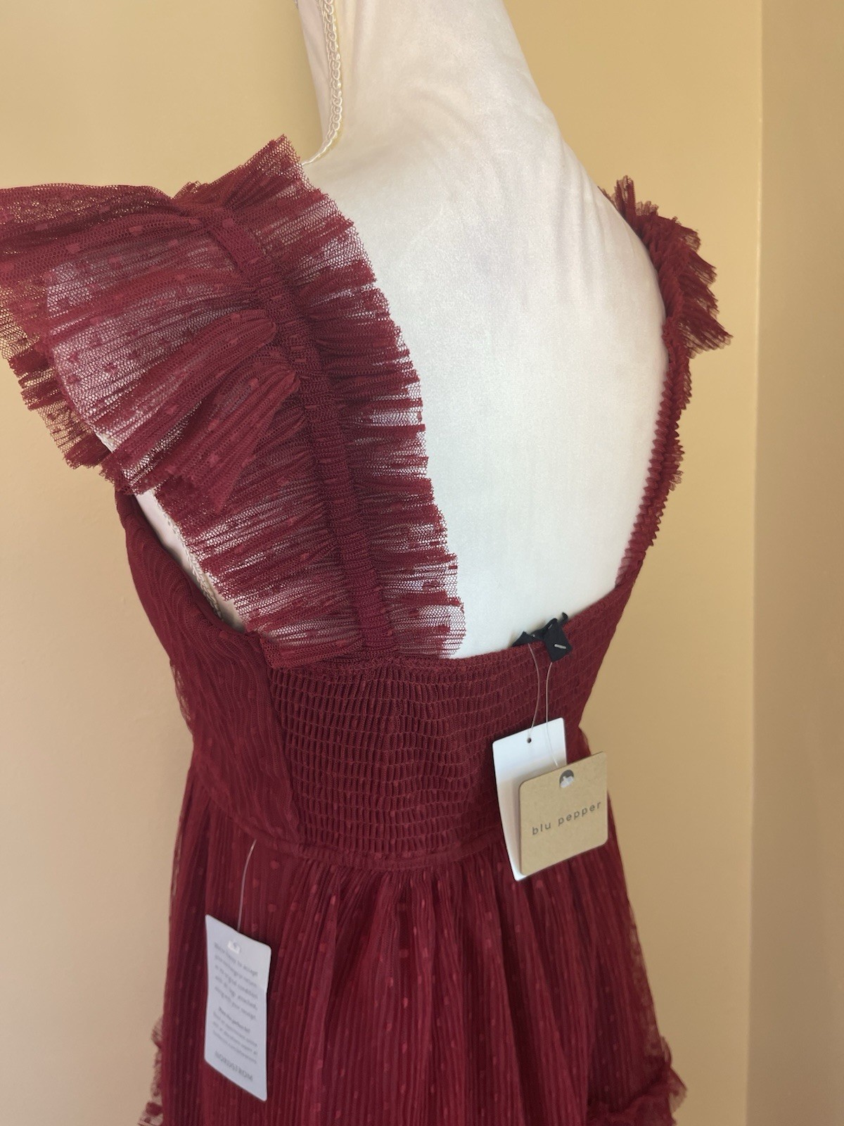Whimsy Goth Burgundy Mesh Bustier Midi Dress M Swiss Dot Tiered Skirt Fairycore